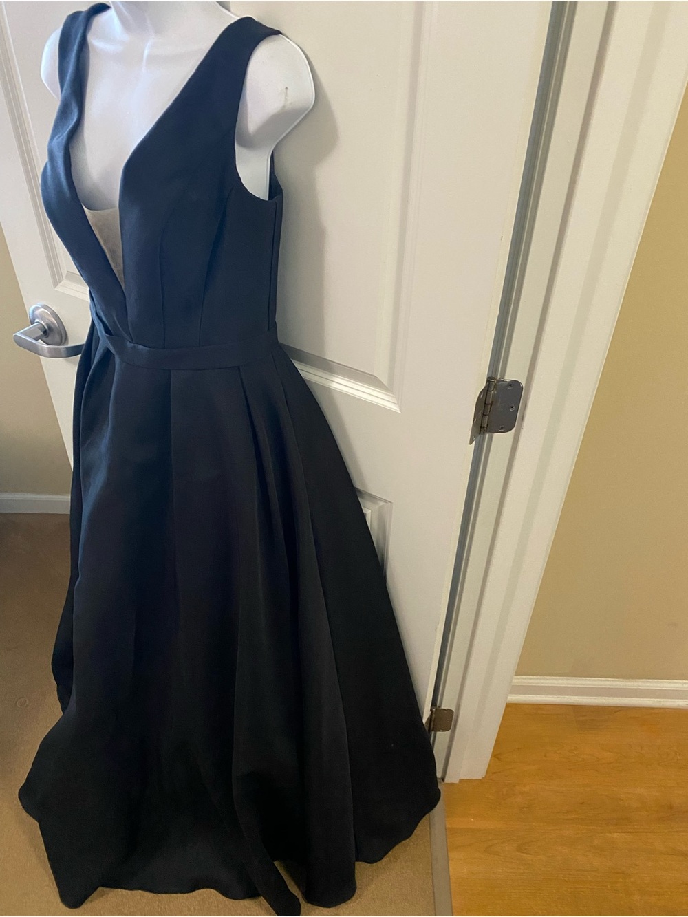 Jovani Deep Plunge Navy Satin Ball Gown Flawed - Picture 4 of 9